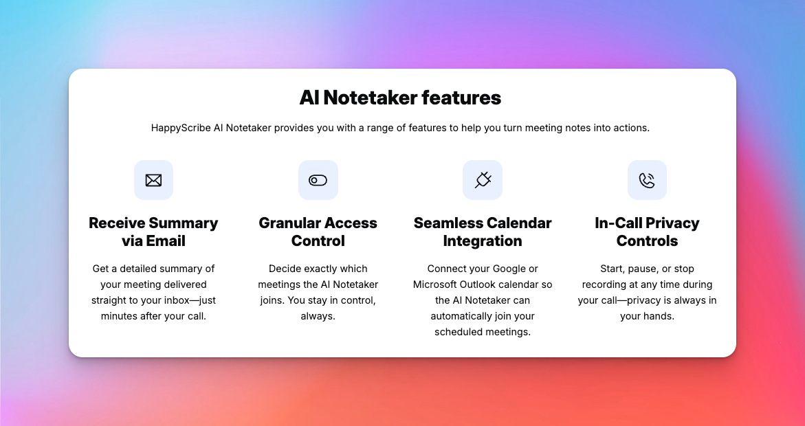 An image showing HappyScribe’s features and integrations.