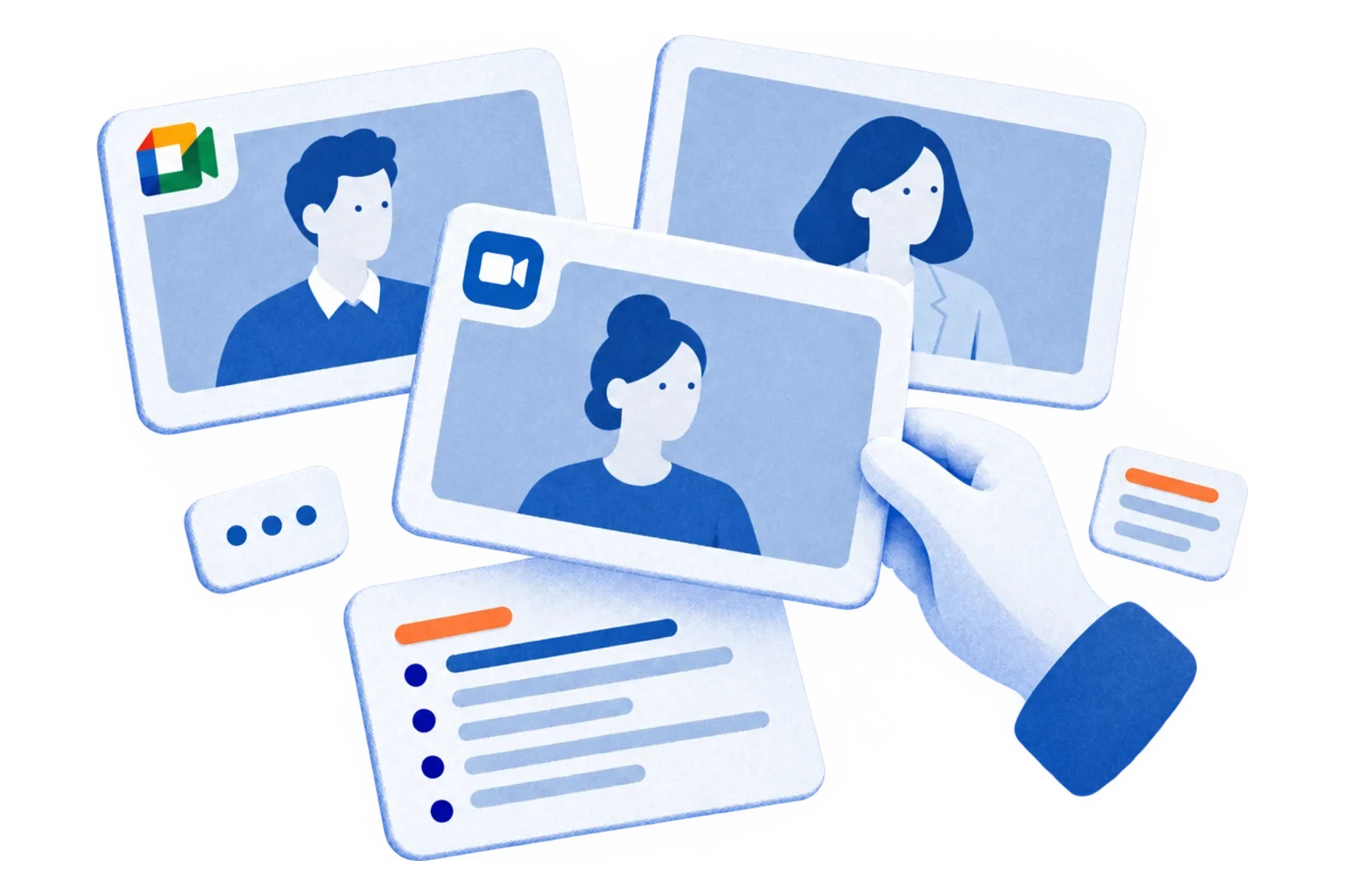 Video call tiles with Google Meet and Zoom icons above a card of meeting notes