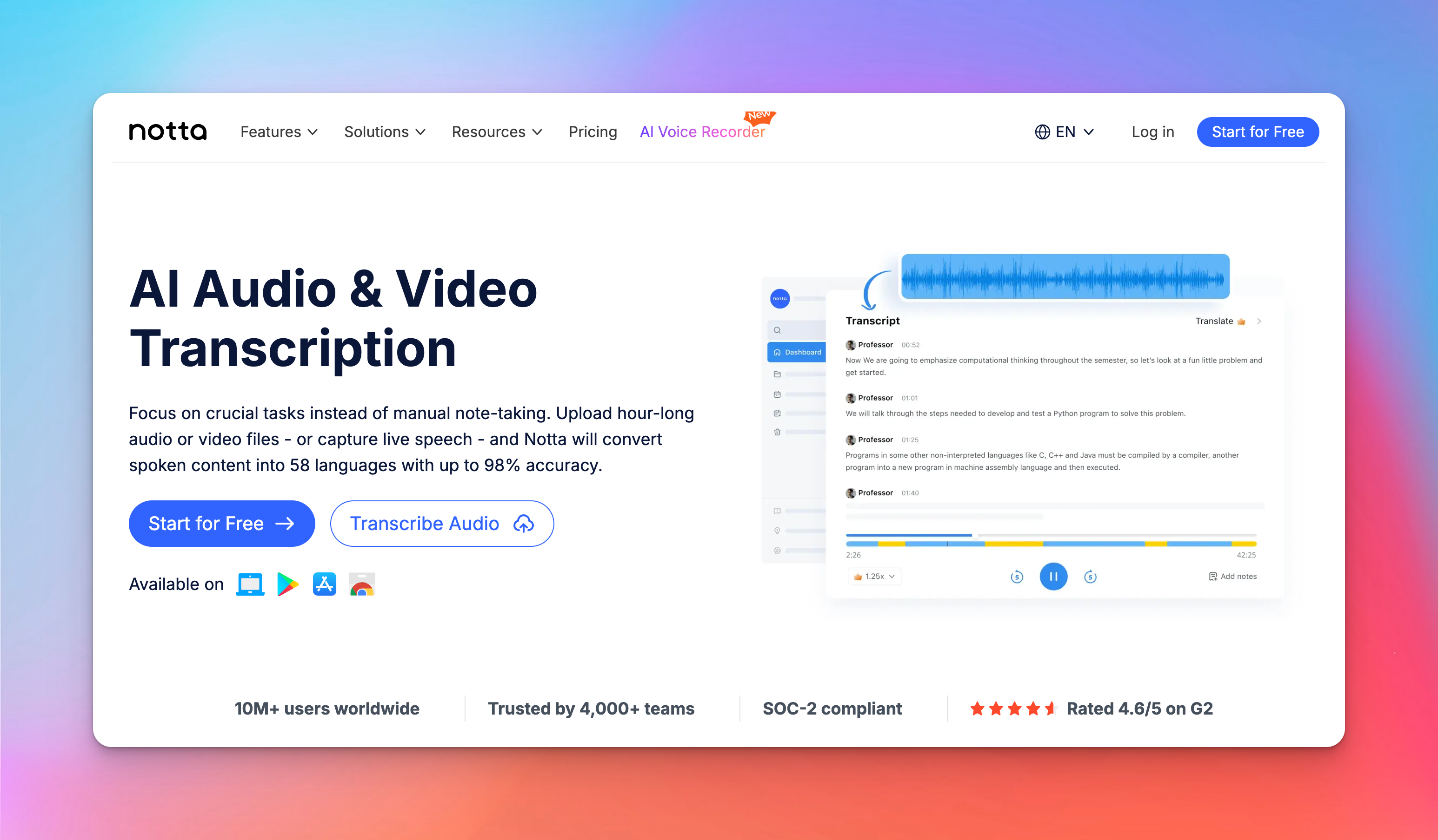 notta ai transcription homepage vs happyscribe