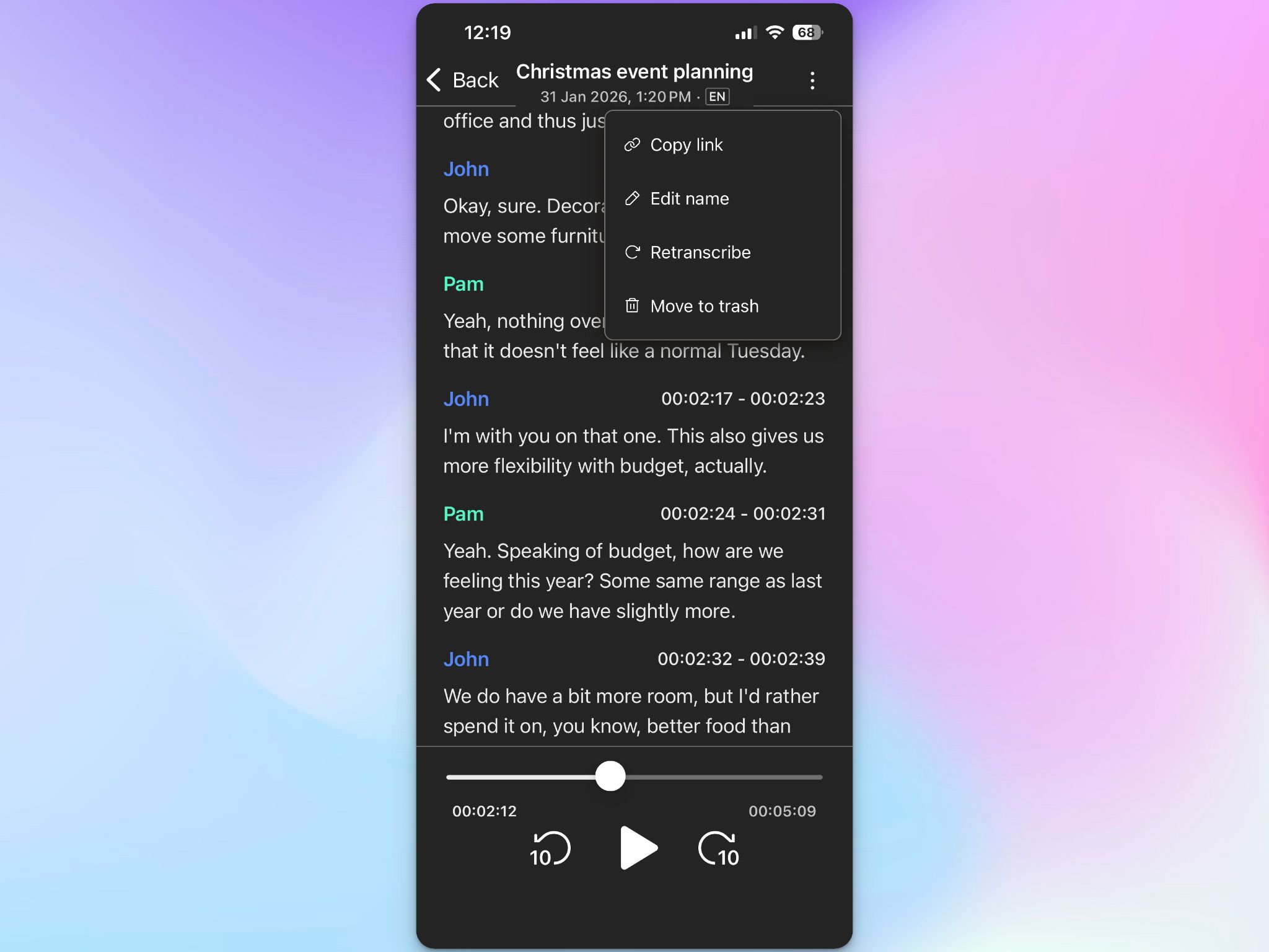 Review meeting notes using HappyScribe mobile app's clean interface