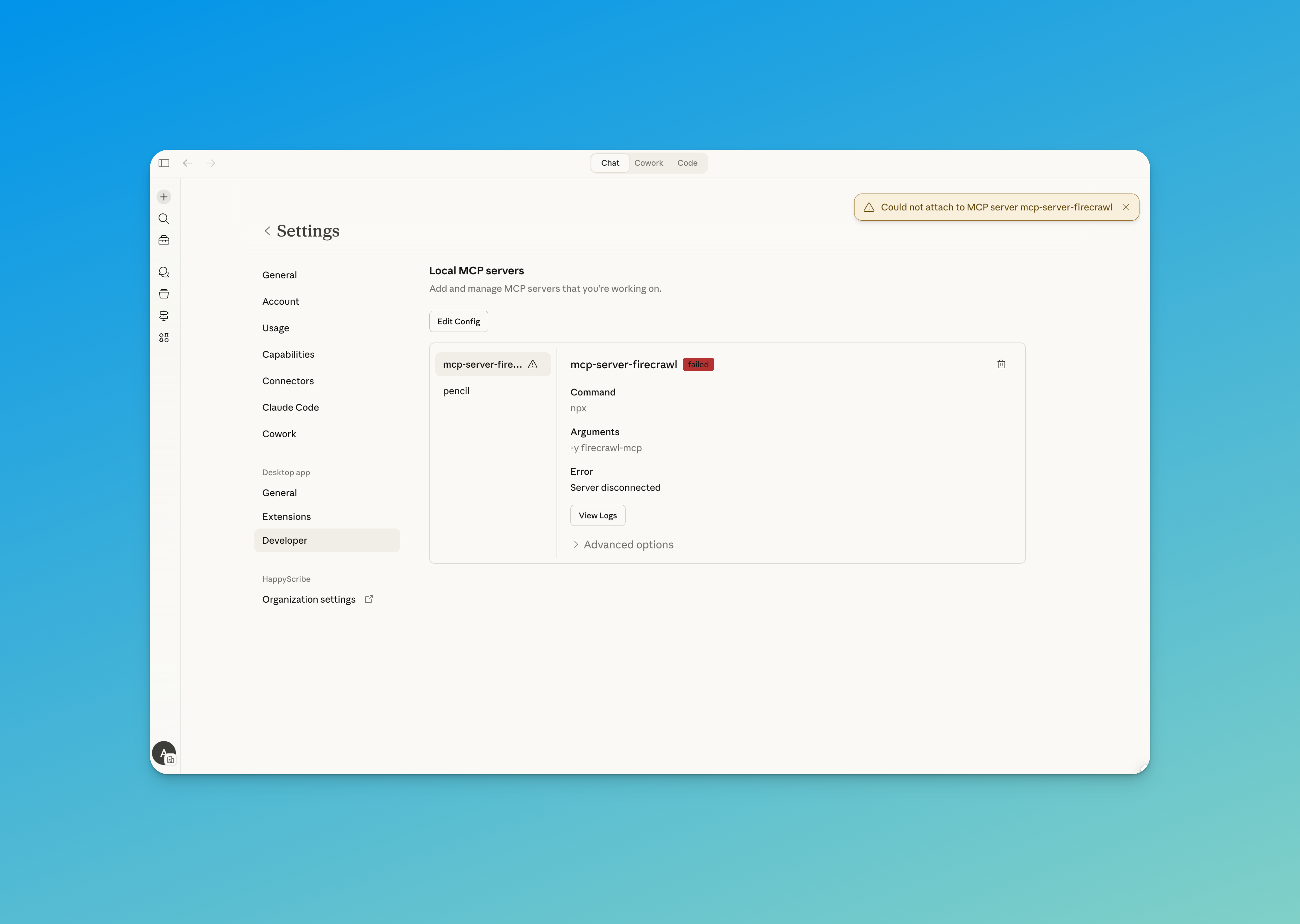 Step 1: Open the Claude Desktop app. Click on the Claude menu and select Settings, then go to the Developer tab.