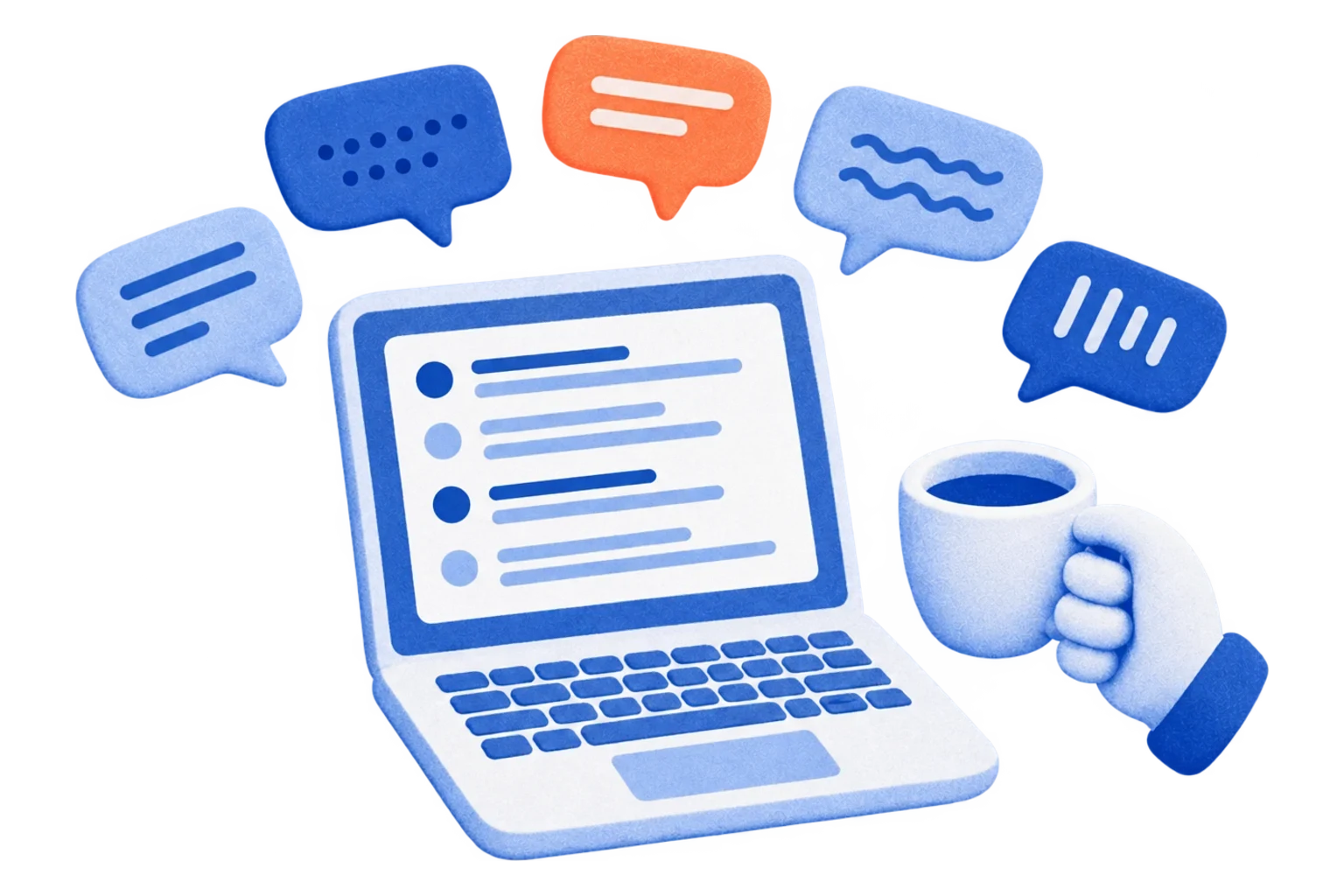 Laptop showing meeting notes surrounded by speech bubbles in many languages, and a hand holding coffee