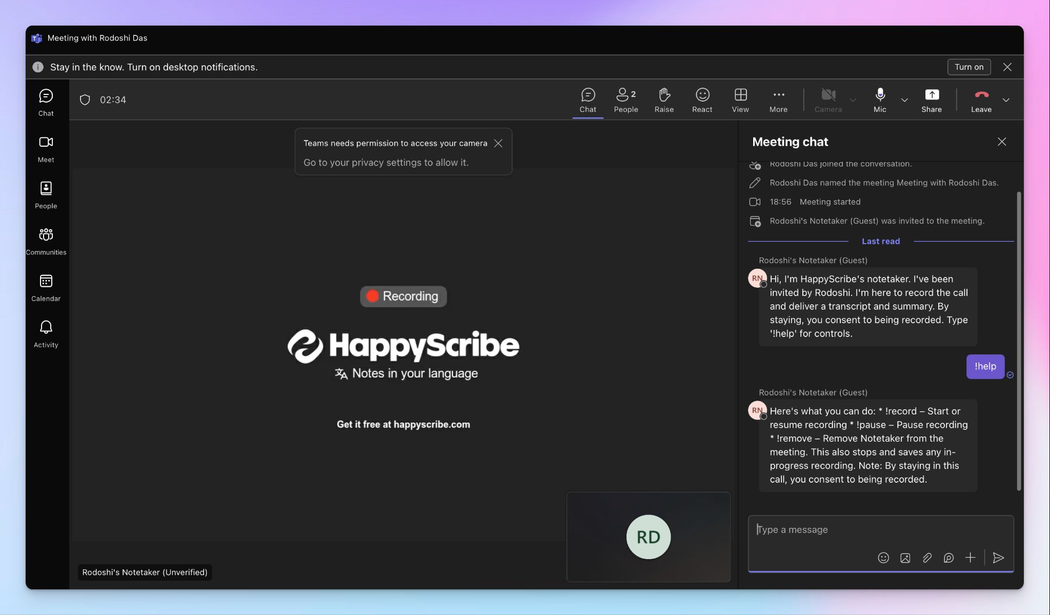 Take accurate meeting notes in Microsoft Teams via HappyScribe