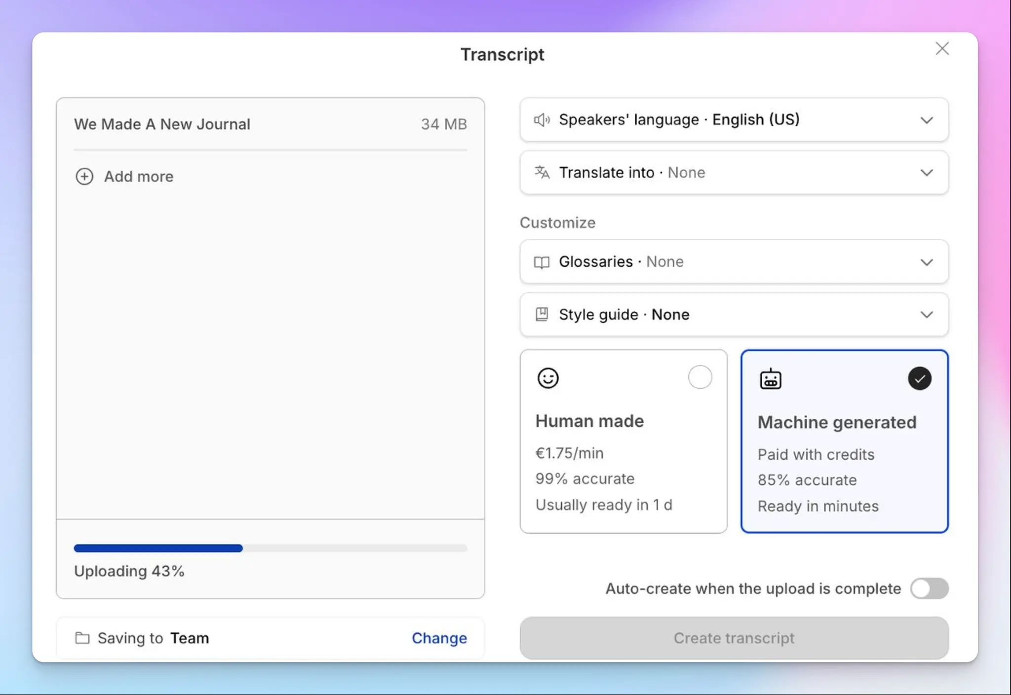 Carica file audio e video da trascrivere con HappyScribe