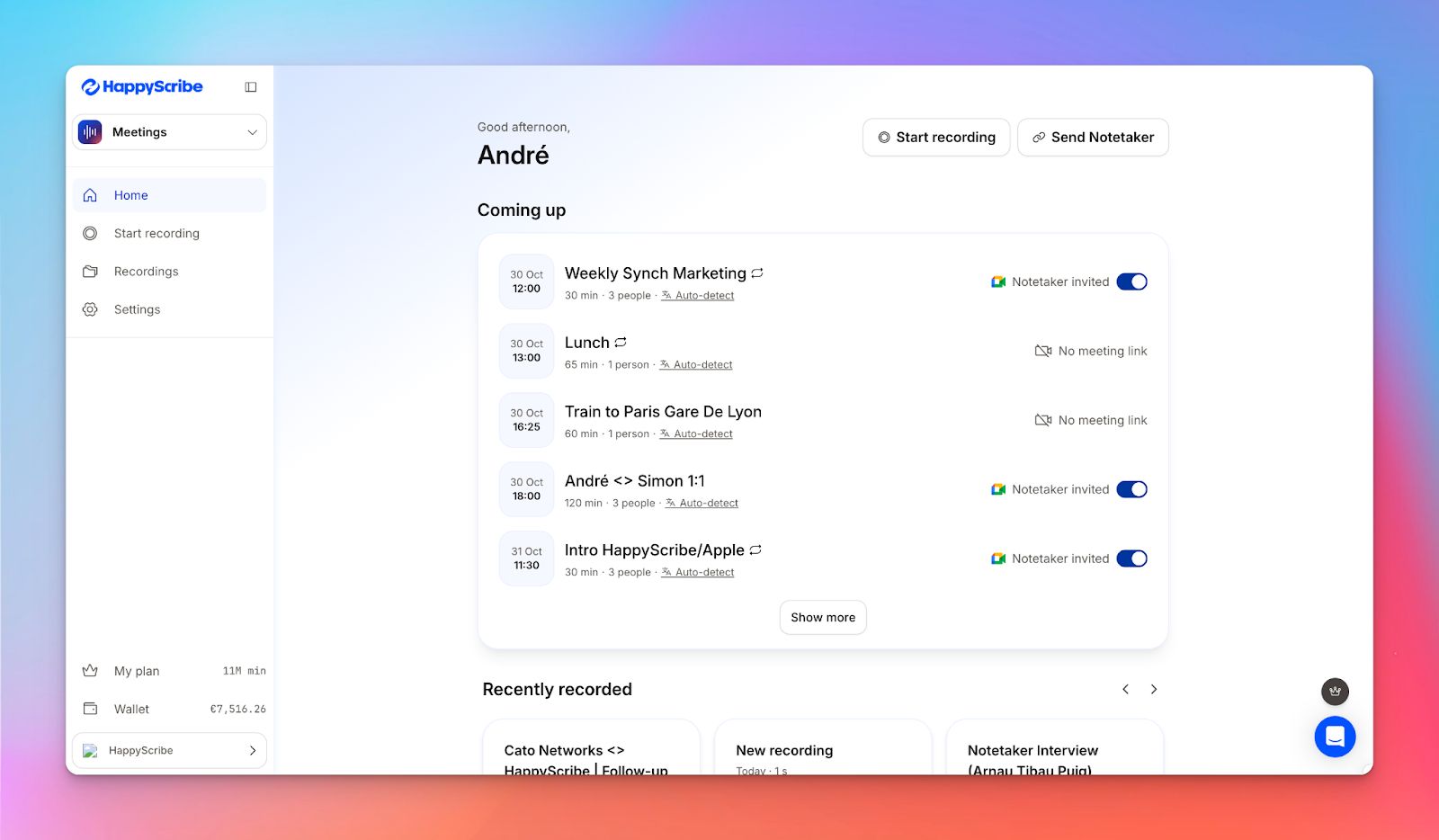 HappyScribe AI note taker dashboard - Best AI note taker for journalists