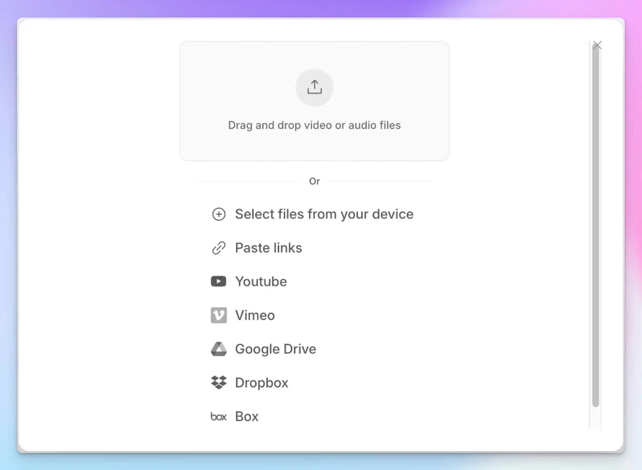 Upload files for transcription, translation and subtitling with HappyScribe