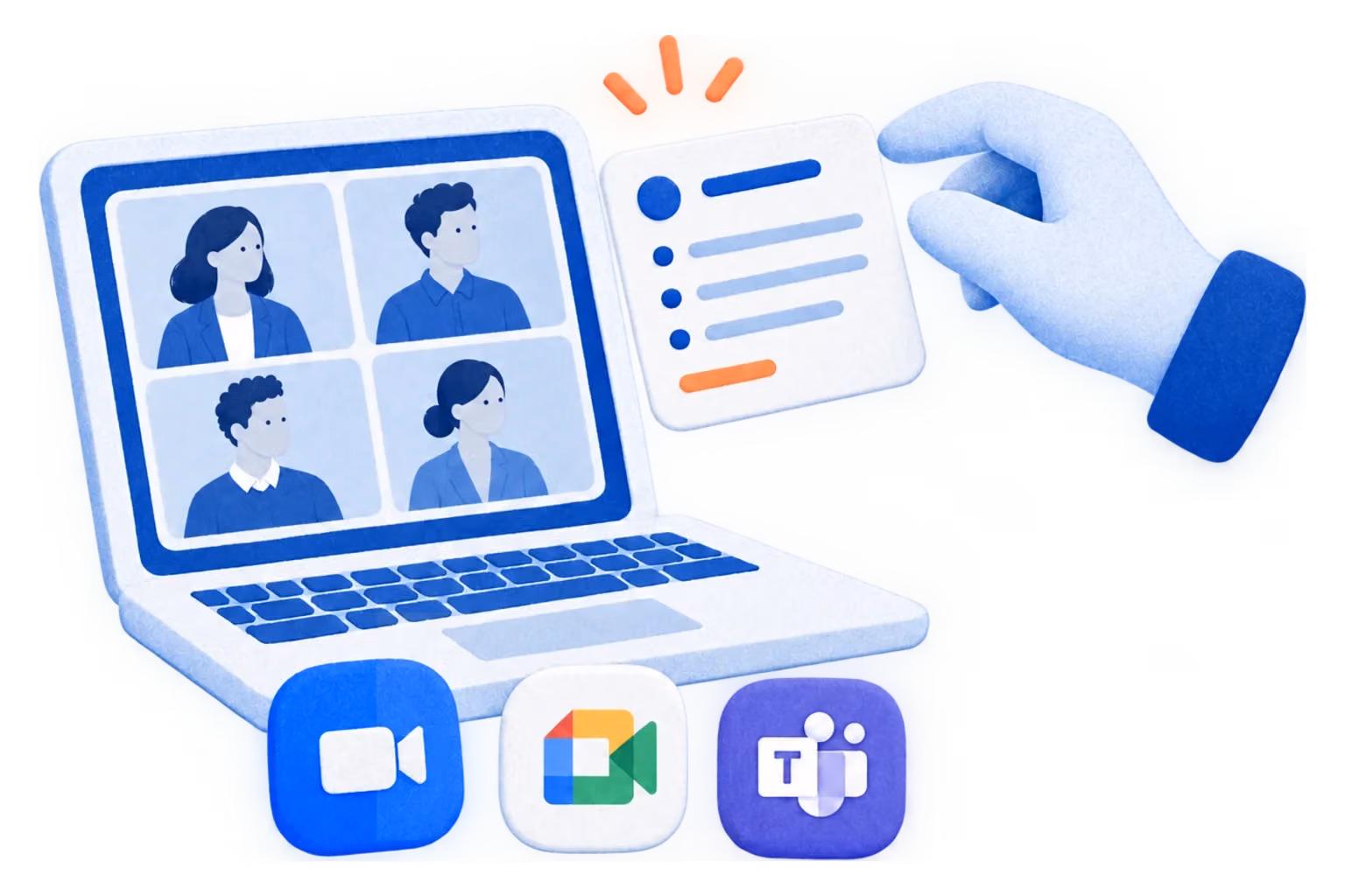 Laptop video call with four participants and a notes card, with Zoom, Google Meet and Microsoft Teams icons