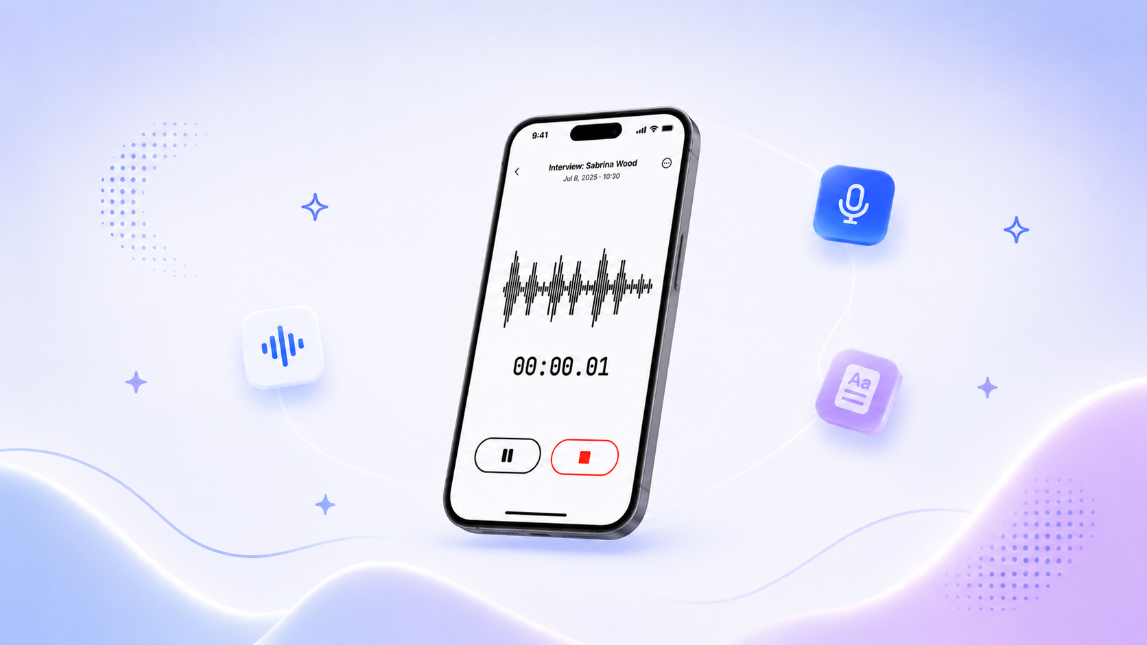HappyScribe mobile app displaying the soundwave of a voice recording