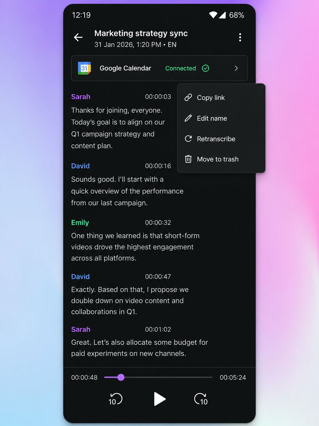 transcribe and take meeting notes using the HappyScribe mobile app for Android