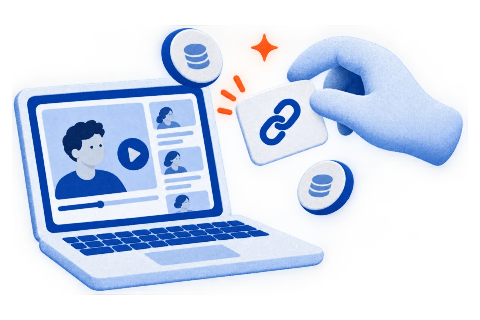 A hand takes a referral link from a creator's video on a laptop