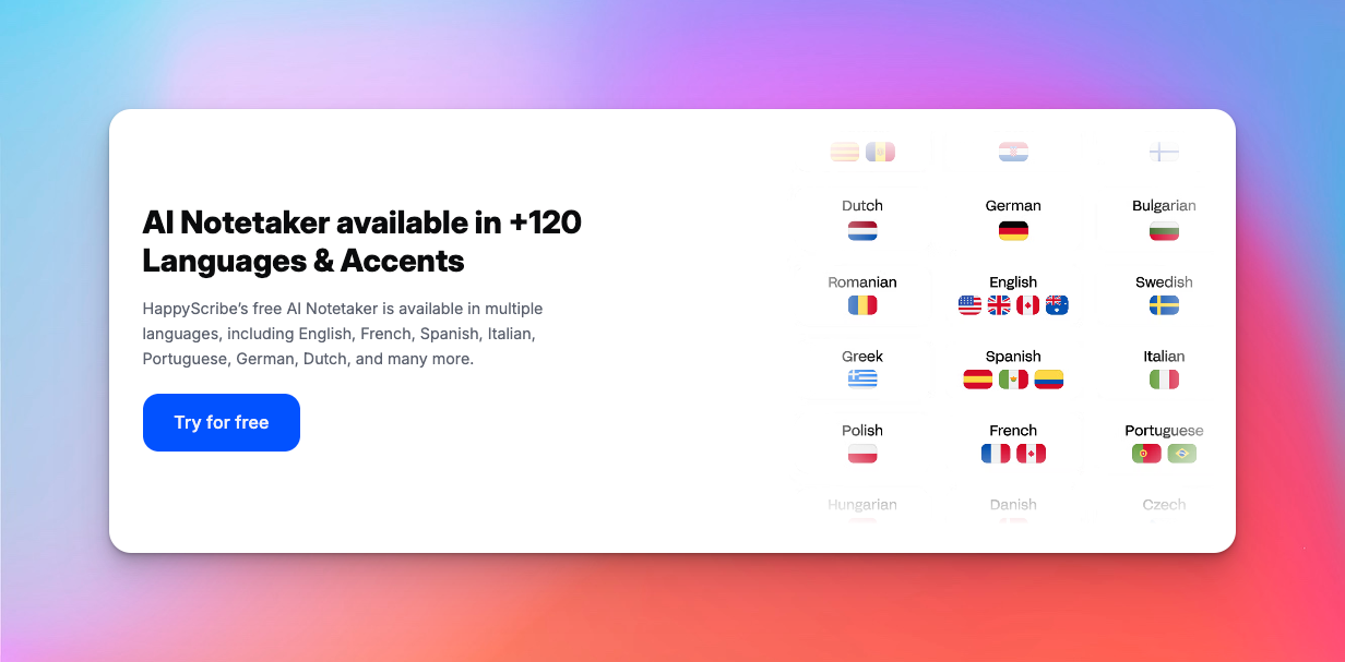 A screenshot showing HappyScribe’s multilingual support.
