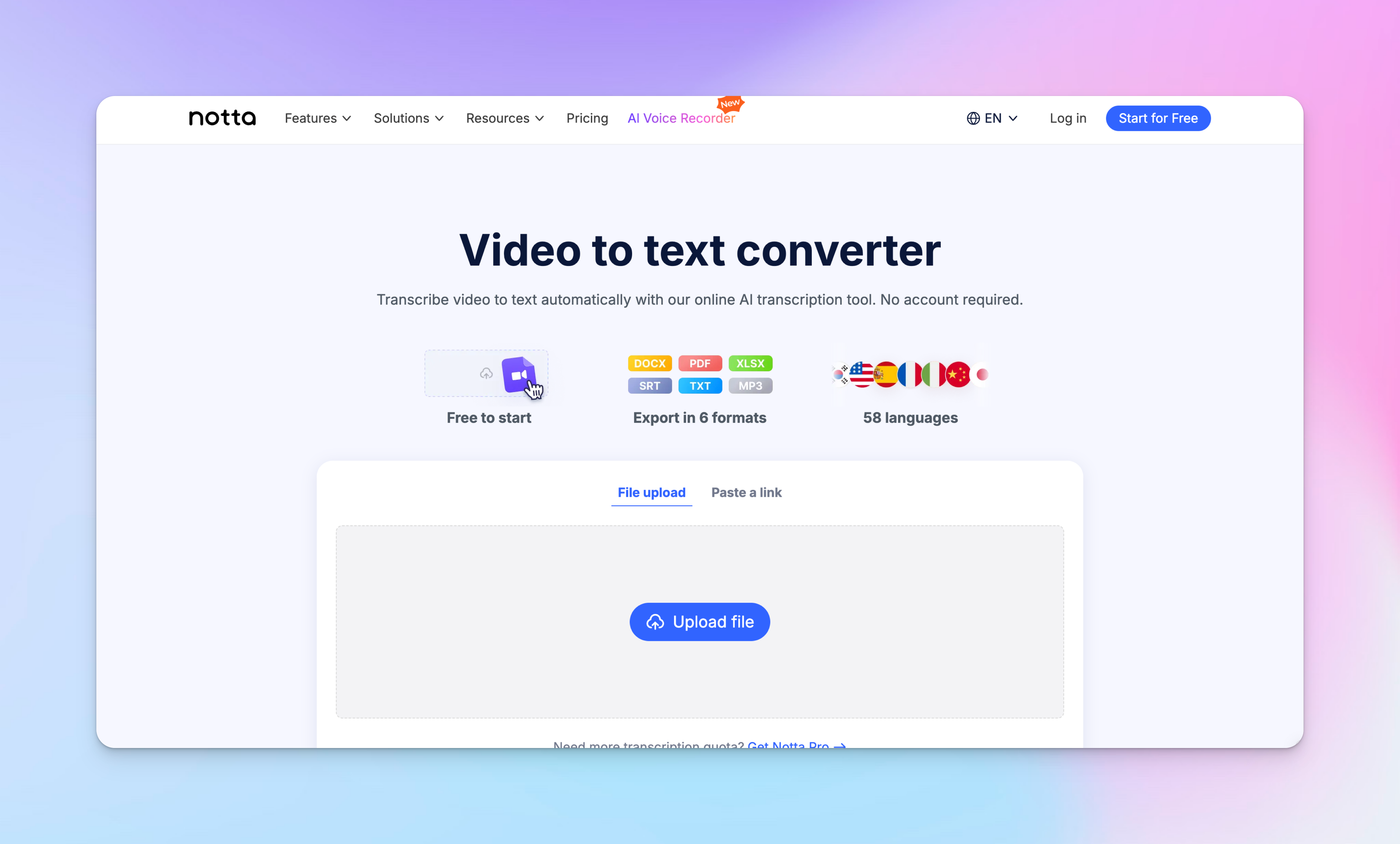 notta video to text homepage screenshot