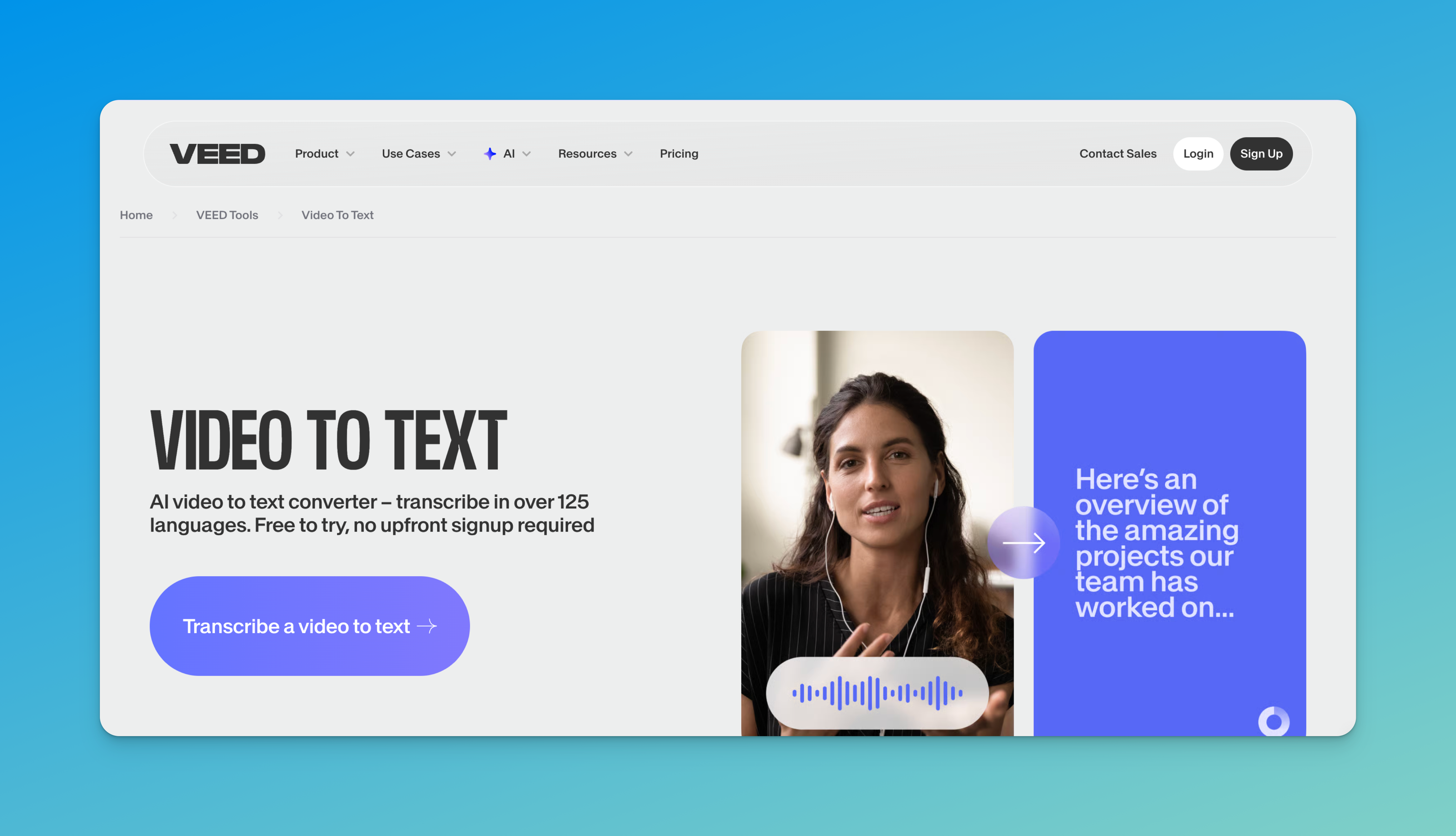 veed homepage video to text