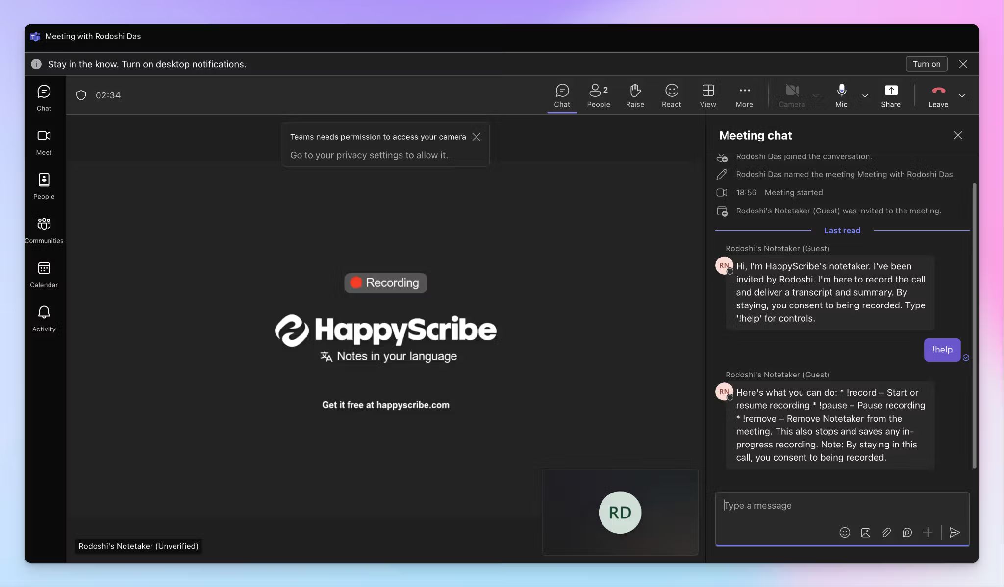 HappyScribe AI note taker is accurate in multilingual Teams meeting