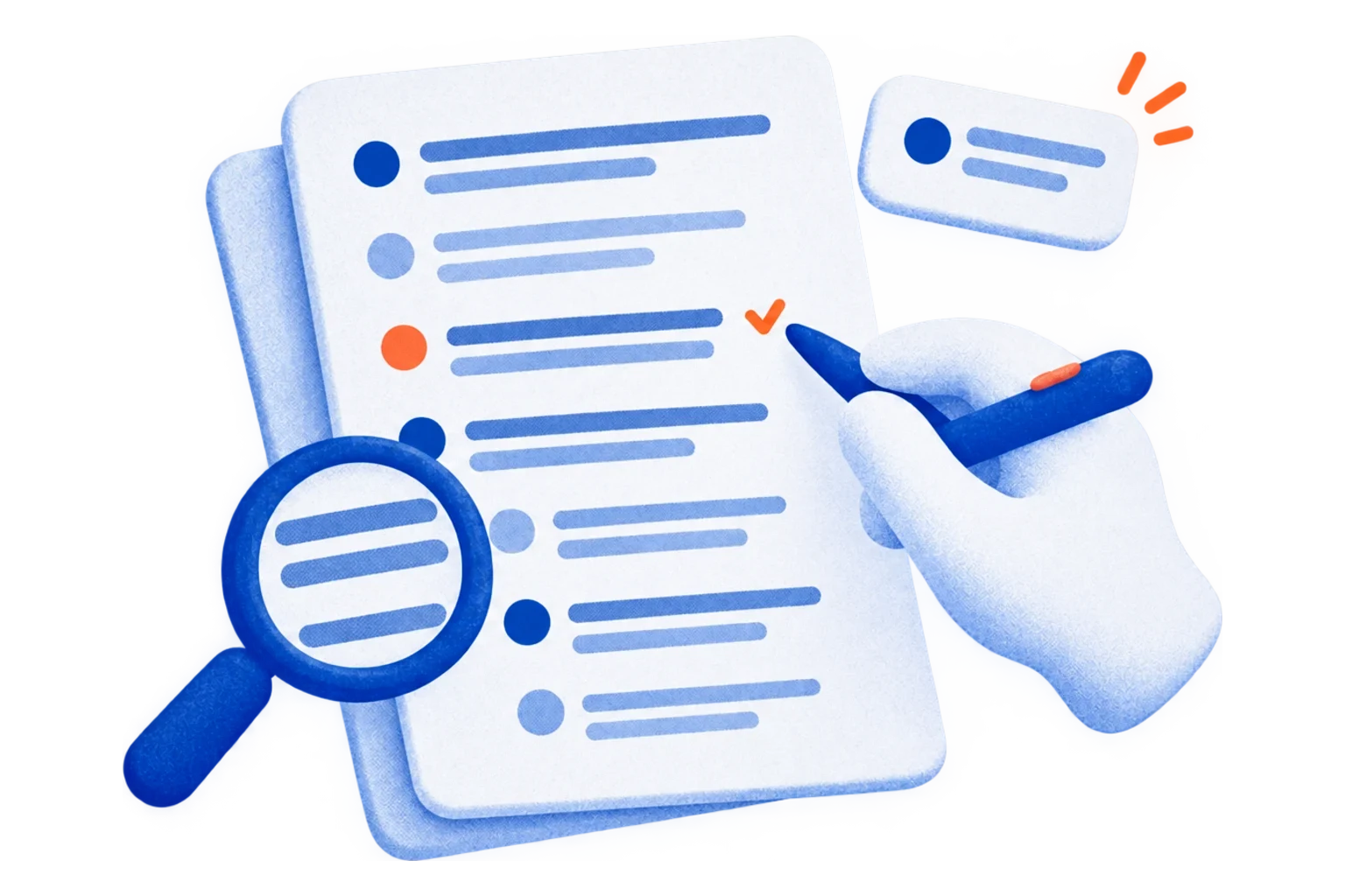 Hand checking a transcript line with a pen while a magnifying glass reviews the text for accuracy
