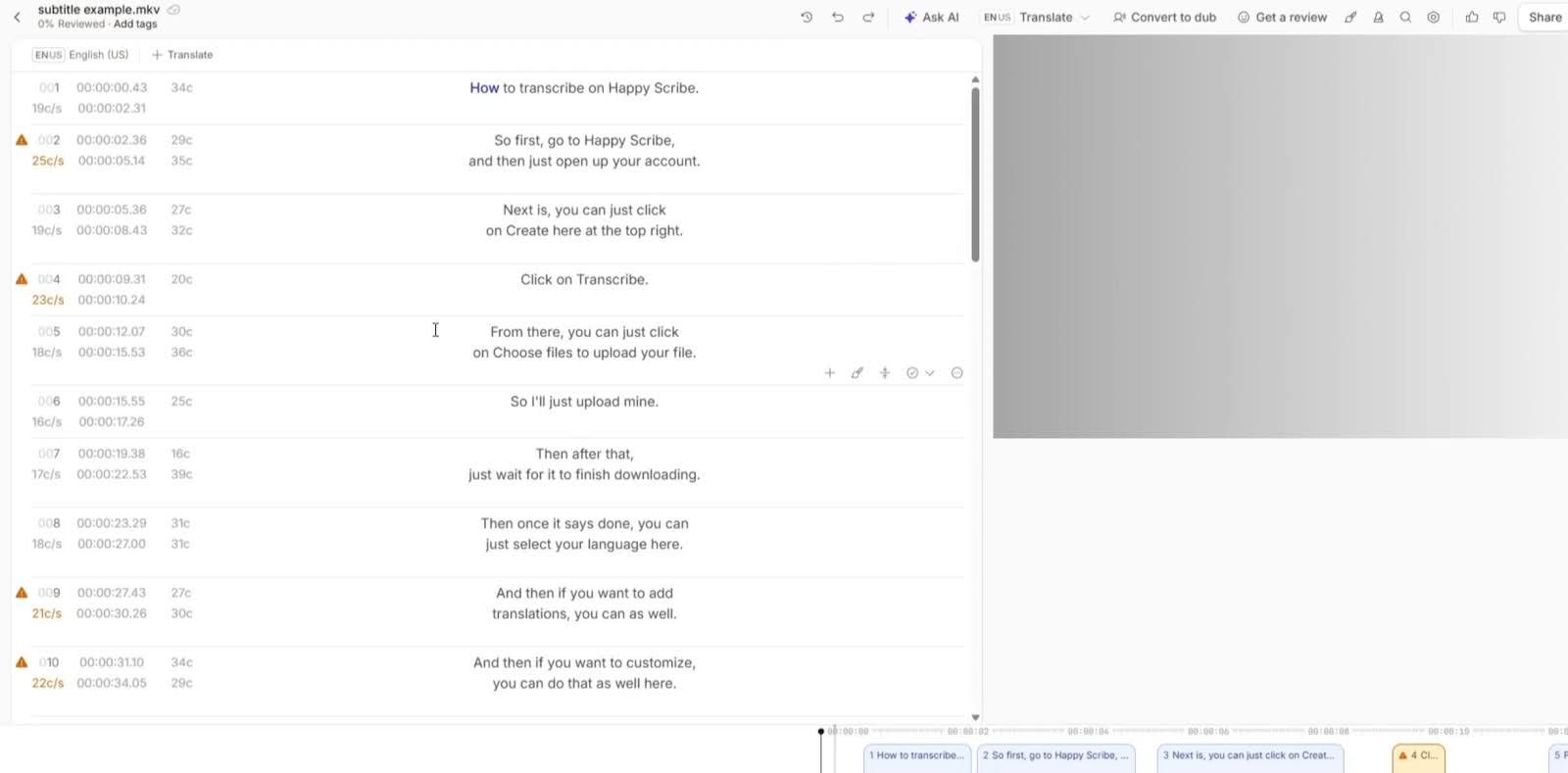 ai subtitles interface happyscribe
