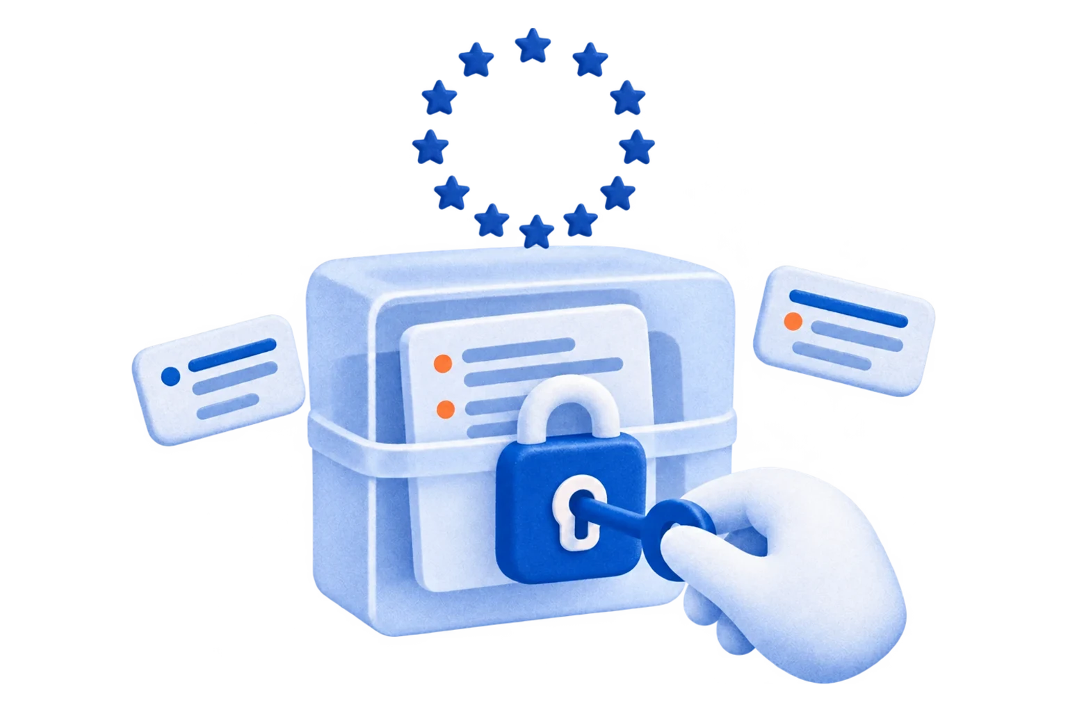 Hand unlocking a padlocked box of notes under the EU circle of stars, for GDPR-compliant EU storage
