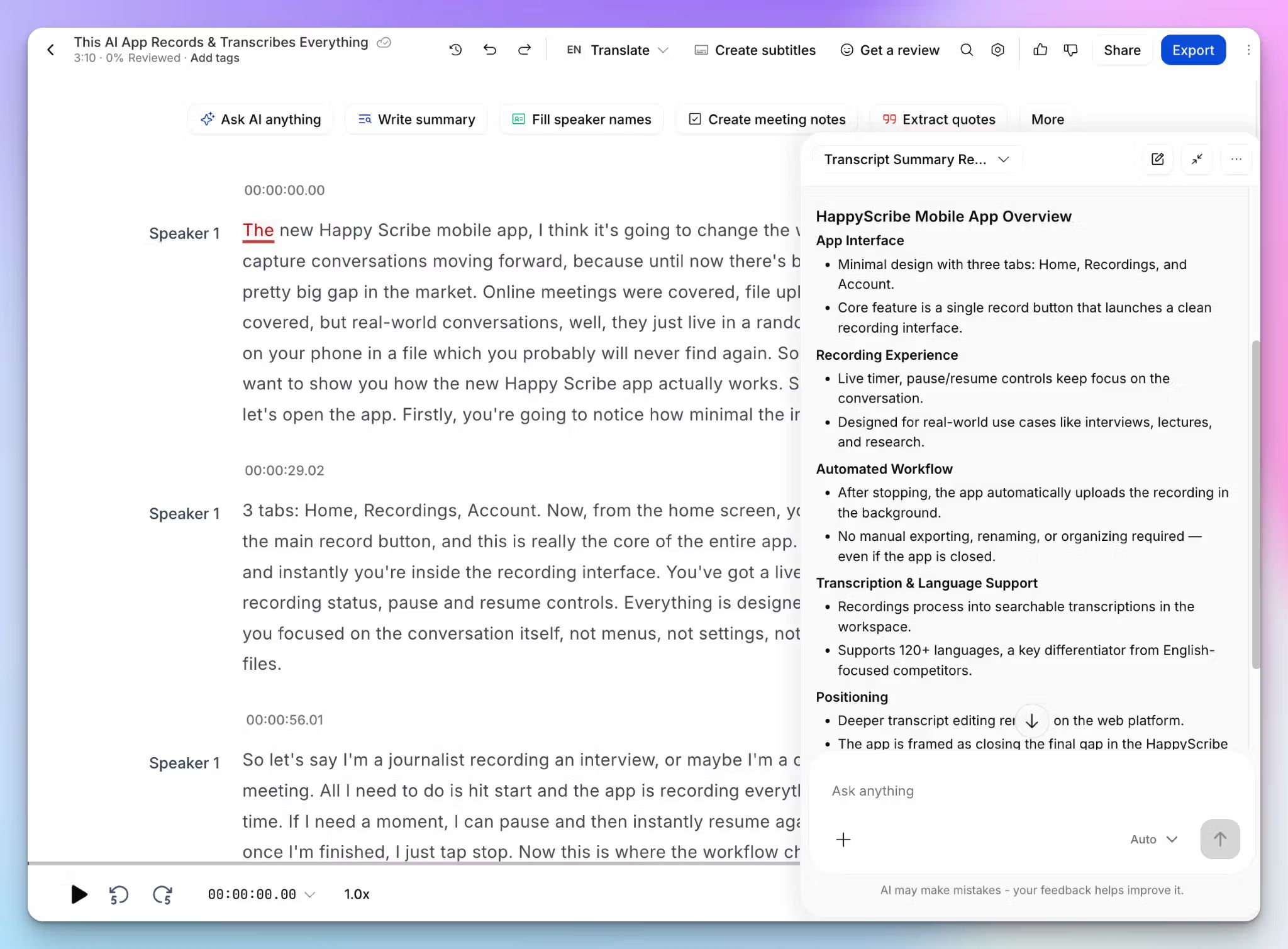 Use HappyScribe AI Chat surface insights from your transcript